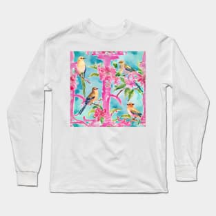 Pink and turquoise preppy birds on trellis watercolor Long Sleeve T-Shirt